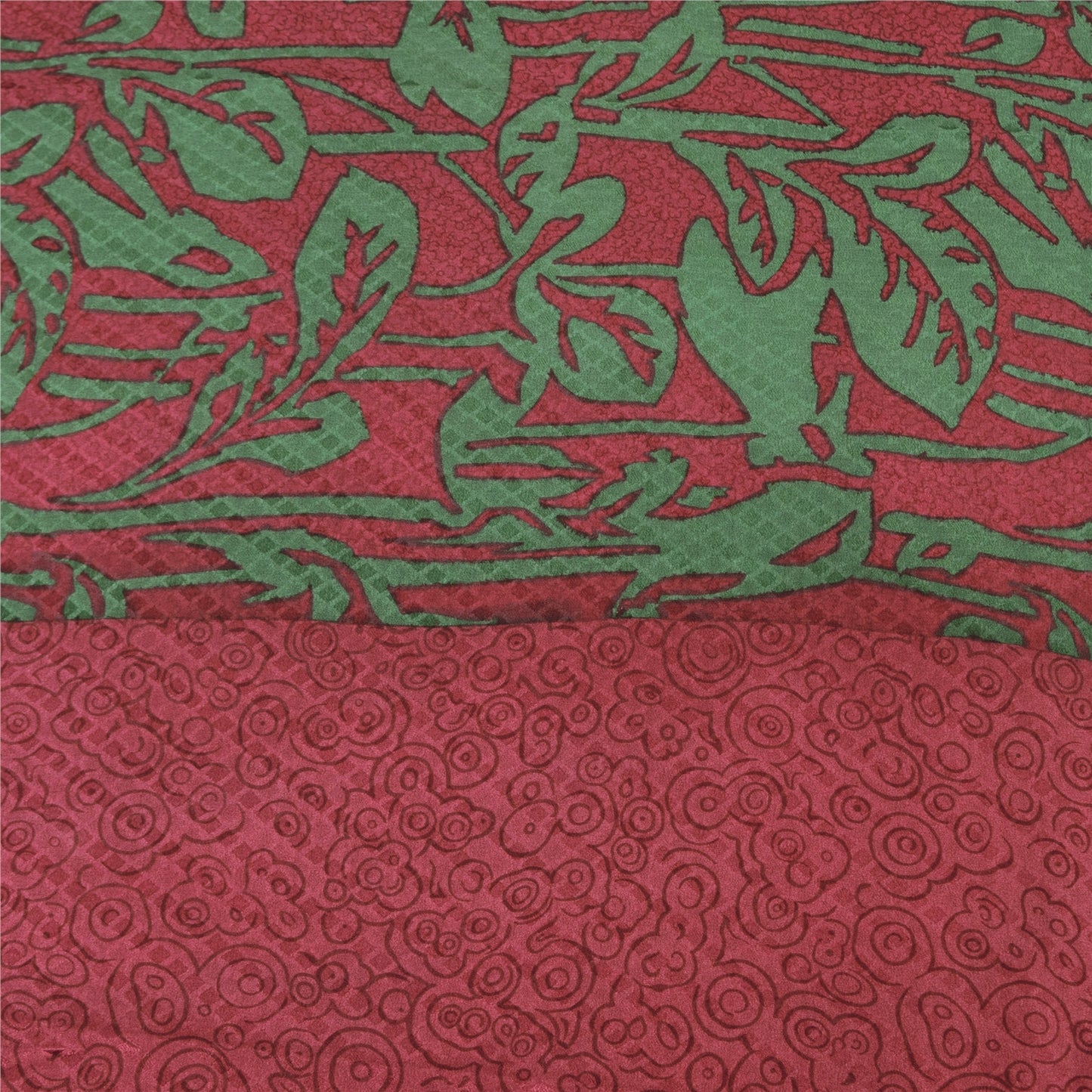 Sanskriti Vintage Sarees Red/Green Pure Crepe Silk Print Sari 5+yd Craft Fabric