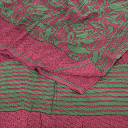 Sanskriti Vintage Sarees Red/Green Pure Crepe Silk Print Sari 5+yd Craft Fabric