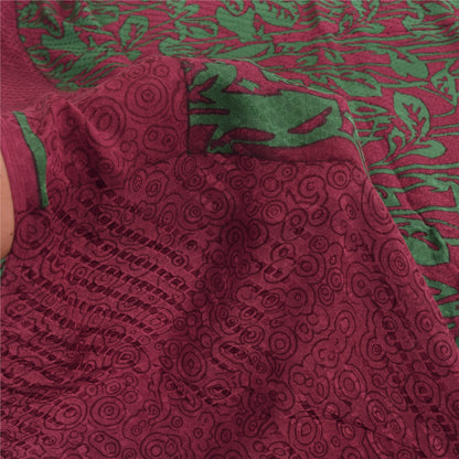 Sanskriti Vintage Sarees Red/Green Pure Crepe Silk Print Sari 5+yd Craft Fabric