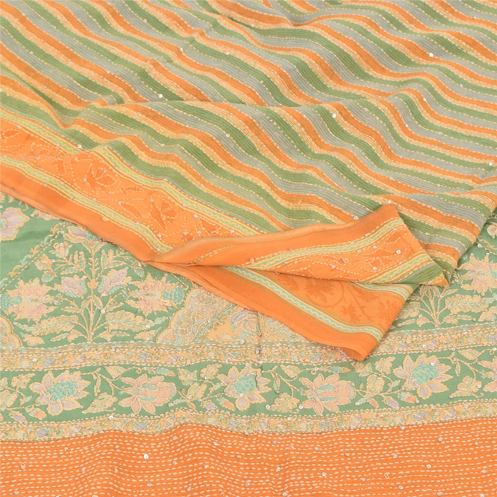 Sanskriti Vintage Sarees Hand Bead Kantha Pure Crepe Silk Print Sari 5yd Fabric