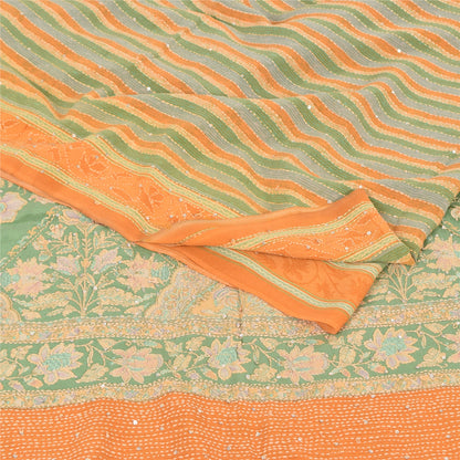 Sanskriti Vintage Sarees Hand Bead Kantha Pure Crepe Silk Print Sari 5yd Fabric