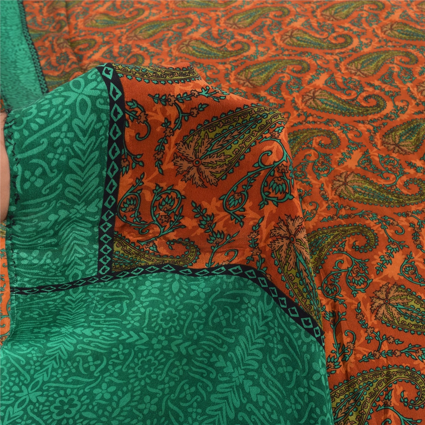 Sanskriti Vintage Sarees Orange/Green Pure Crepe Silk Printed Sari Craft Fabric