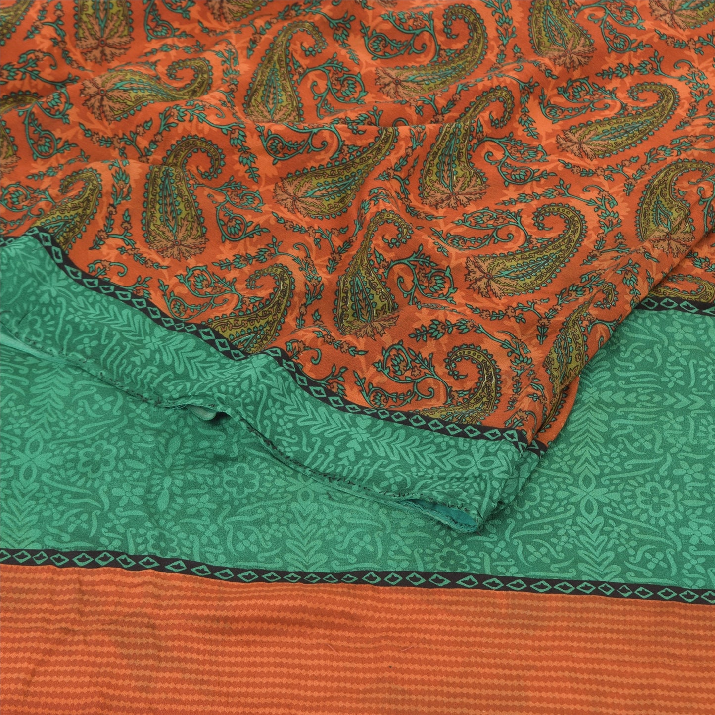 Sanskriti Vintage Sarees Orange/Green Pure Crepe Silk Printed Sari Craft Fabric