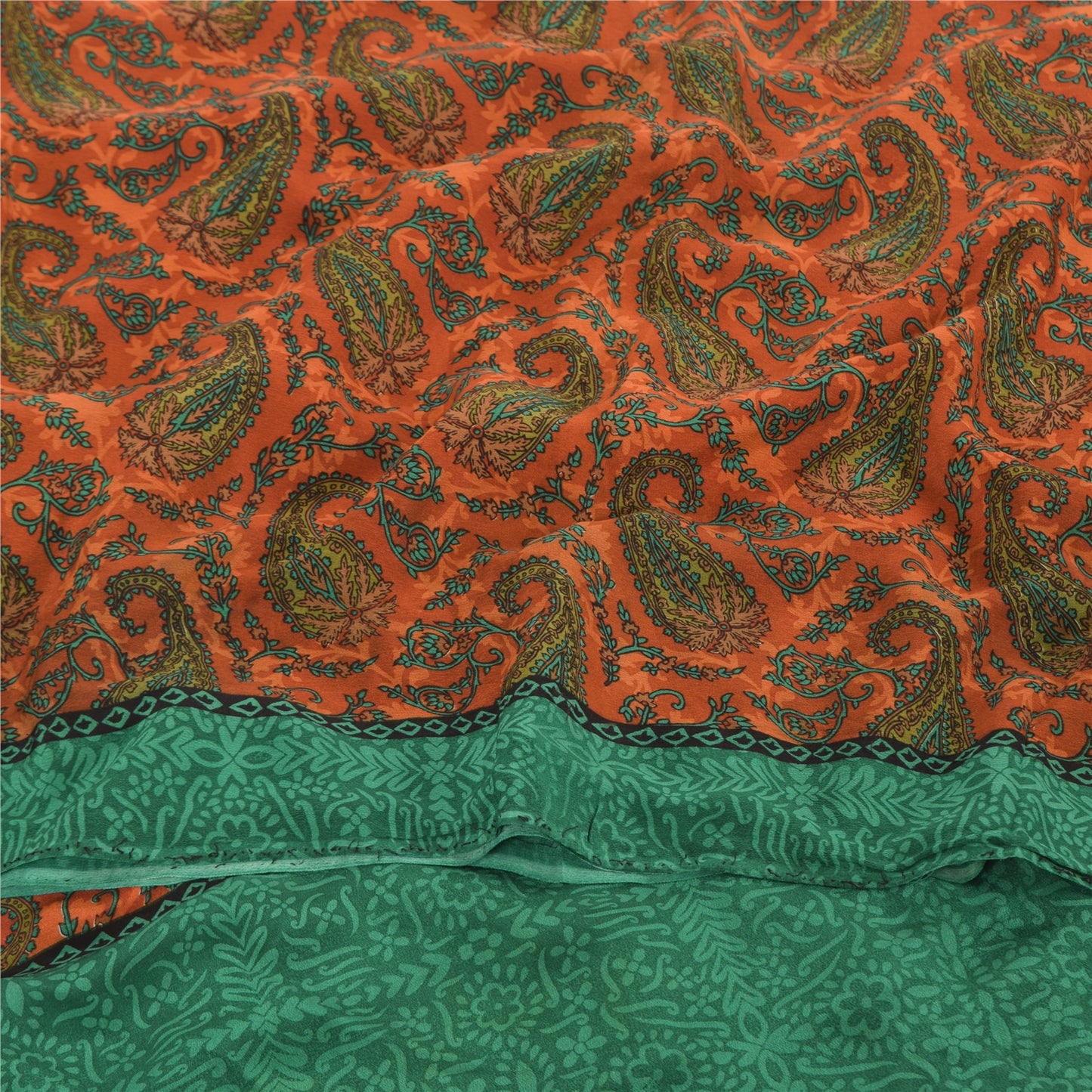 Sanskriti Vintage Sarees Orange/Green Pure Crepe Silk Printed Sari Craft Fabric