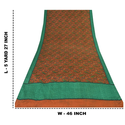 Sanskriti Vintage Sarees Orange/Green Pure Crepe Silk Printed Sari Craft Fabric