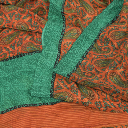 Sanskriti Vintage Sarees Orange/Green Pure Crepe Silk Printed Sari Craft Fabric