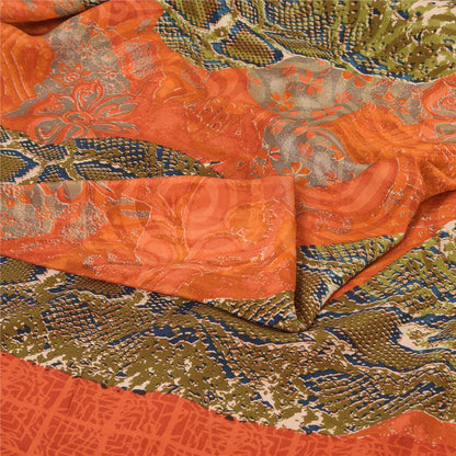 Sanskriti Vintage Sarees Orange/Green Pure Crepe Silk Printed Sari 6yd Fabric