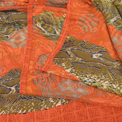 Sanskriti Vintage Sarees Orange/Green Pure Crepe Silk Printed Sari 6yd Fabric