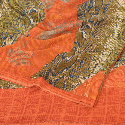 Sanskriti Vintage Sarees Orange/Green Pure Crepe Silk Printed Sari 6yd Fabric