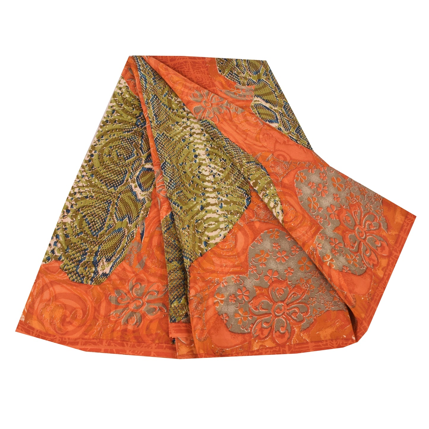 Sanskriti Vintage Sarees Orange/Green Pure Crepe Silk Printed Sari 6yd Fabric