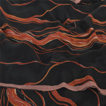 Sanskriti Vintage Sarees Black/Orange Pure Crepe Silk Printed Sari Craft Fabric