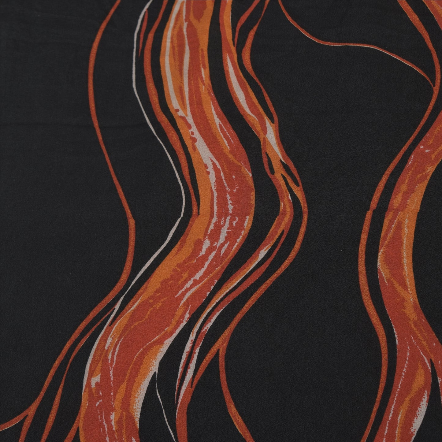 Sanskriti Vintage Sarees Black/Orange Pure Crepe Silk Printed Sari Craft Fabric