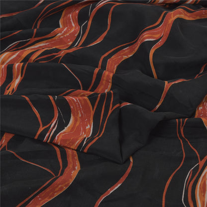 Sanskriti Vintage Sarees Black/Orange Pure Crepe Silk Printed Sari Craft Fabric