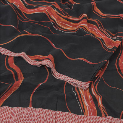 Sanskriti Vintage Sarees Black/Orange Pure Crepe Silk Printed Sari Craft Fabric