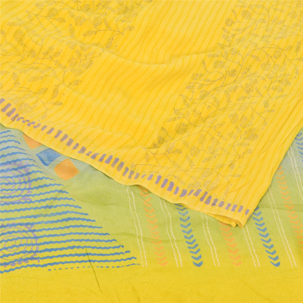 Sanskriti Vintage Sarees Yellow Pure Crepe Silk Printed Sari 5yd Craft Fabric