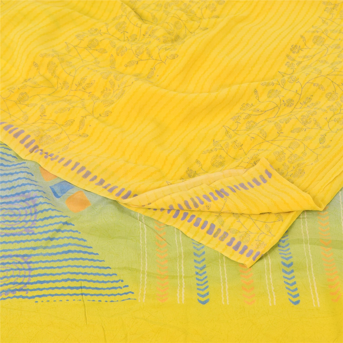 Sanskriti Vintage Sarees Yellow Pure Crepe Silk Printed Sari 5yd Craft Fabric