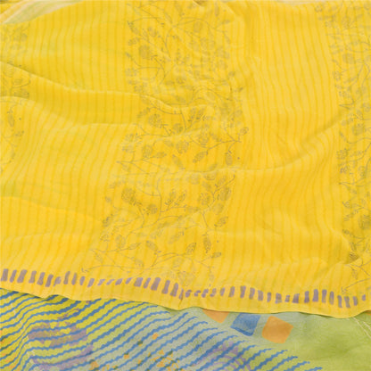 Sanskriti Vintage Sarees Yellow Pure Crepe Silk Printed Sari 5yd Craft Fabric