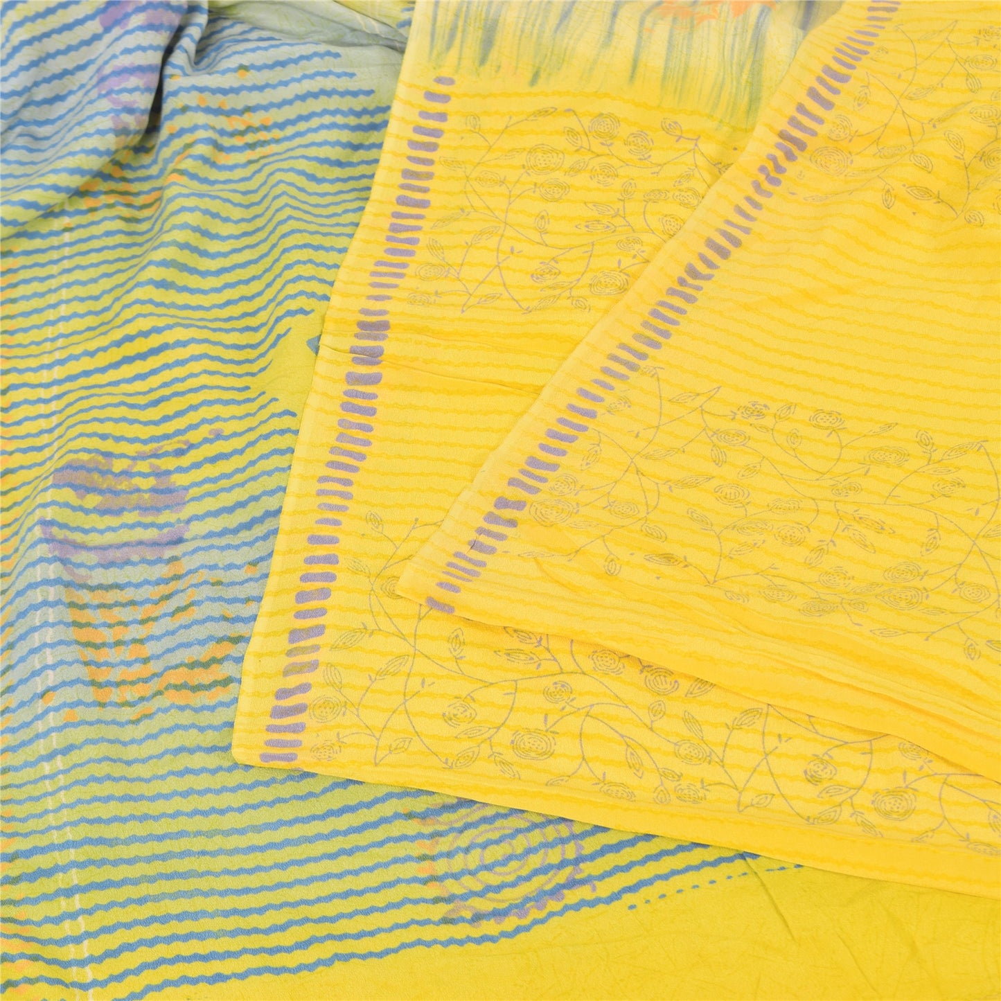 Sanskriti Vintage Sarees Yellow Pure Crepe Silk Printed Sari 5yd Craft Fabric