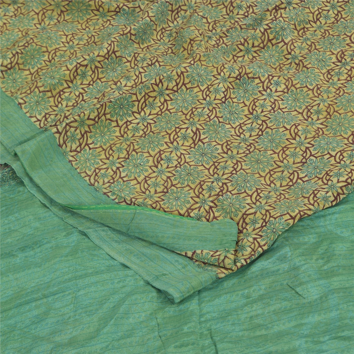 Sanskriti Vintage Sarees Green Pure Crepe Silk Printed Sari 5+yd Craft Fabric