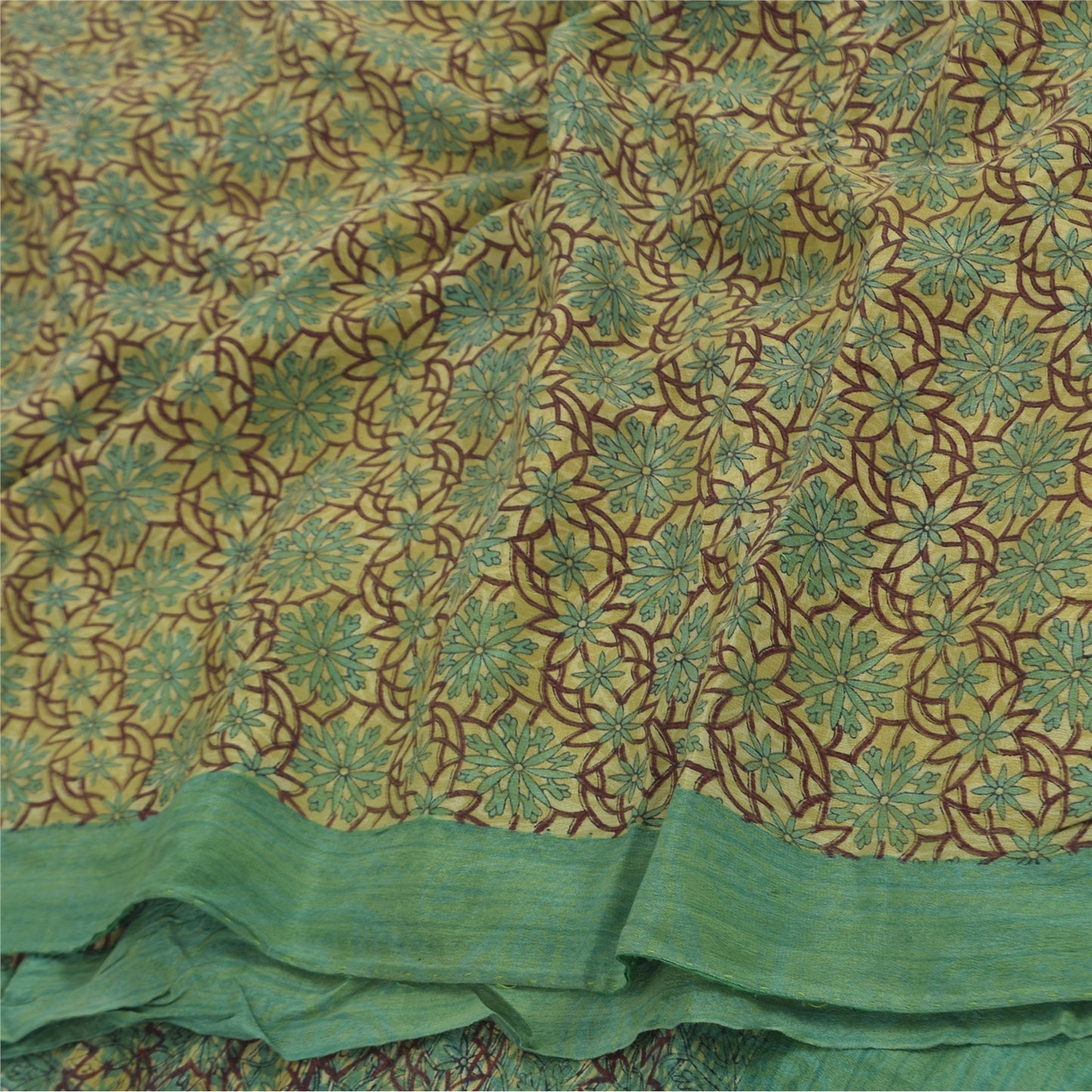 Sanskriti Vintage Sarees Green Pure Crepe Silk Printed Sari 5+yd Craft Fabric