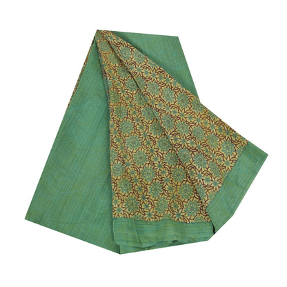 Sanskriti Vintage Sarees Green Pure Crepe Silk Printed Sari 5+yd Craft Fabric