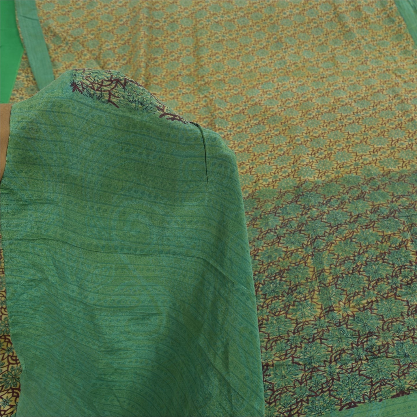 Sanskriti Vintage Sarees Green Pure Crepe Silk Printed Sari 5+yd Craft Fabric