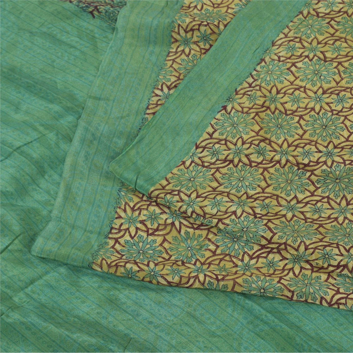 Sanskriti Vintage Sarees Green Pure Crepe Silk Printed Sari 5+yd Craft Fabric