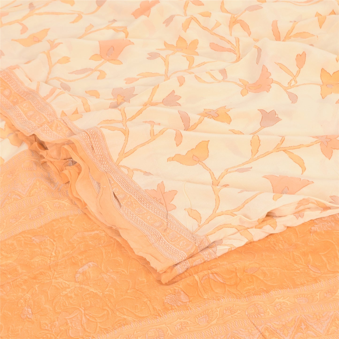 Sanskriti Vintage Sarees Ivory/Orange Pure Crepe Printed Sari 6+yd Craft Fabric