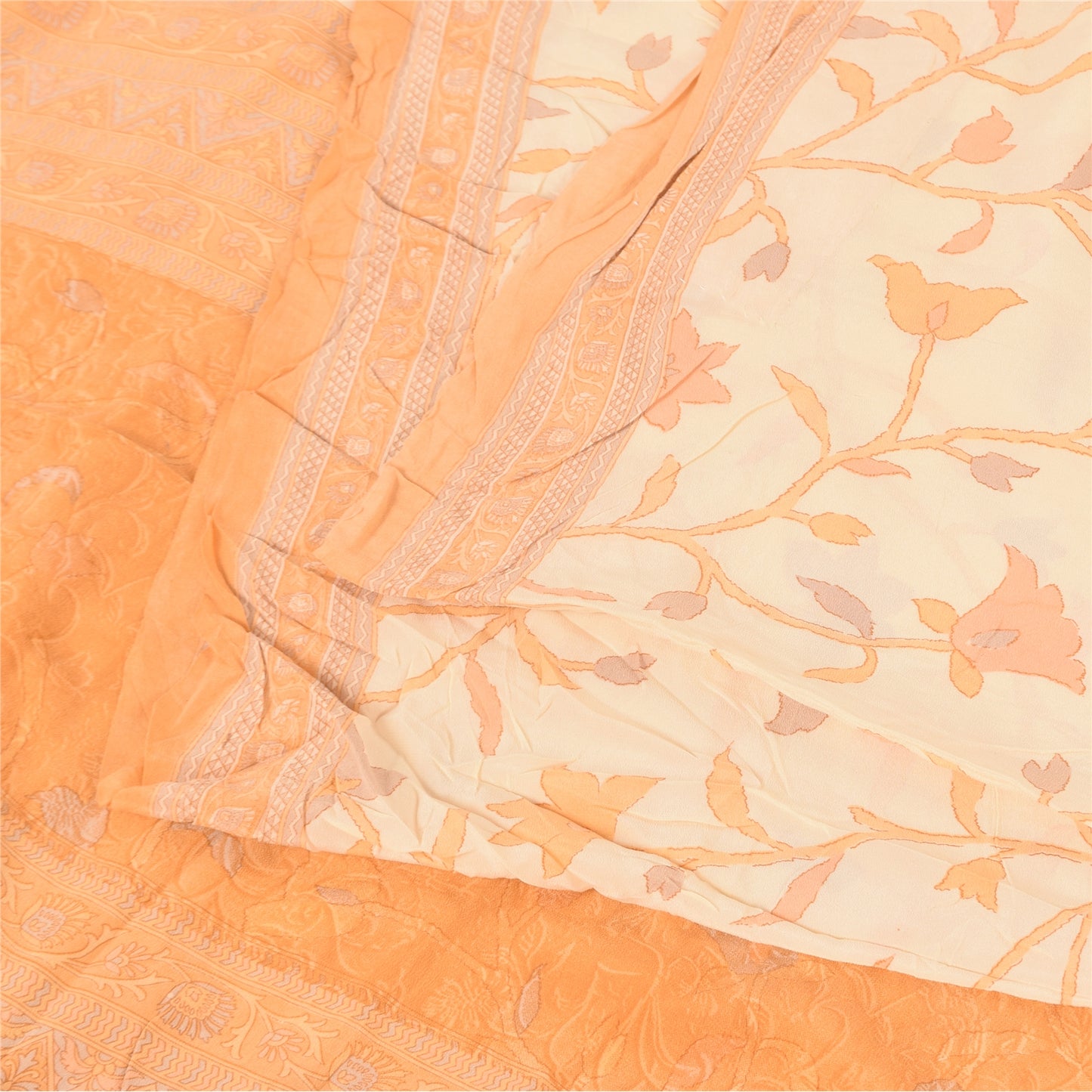 Sanskriti Vintage Sarees Ivory/Orange Pure Crepe Printed Sari 6+yd Craft Fabric