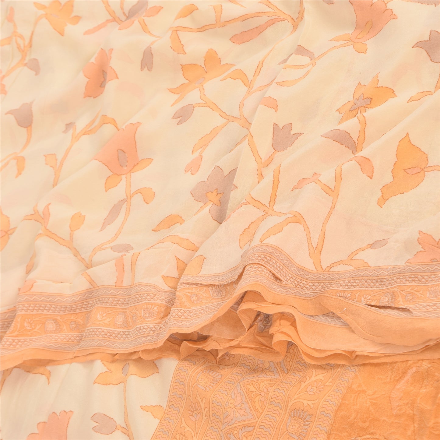 Sanskriti Vintage Sarees Ivory/Orange Pure Crepe Printed Sari 6+yd Craft Fabric