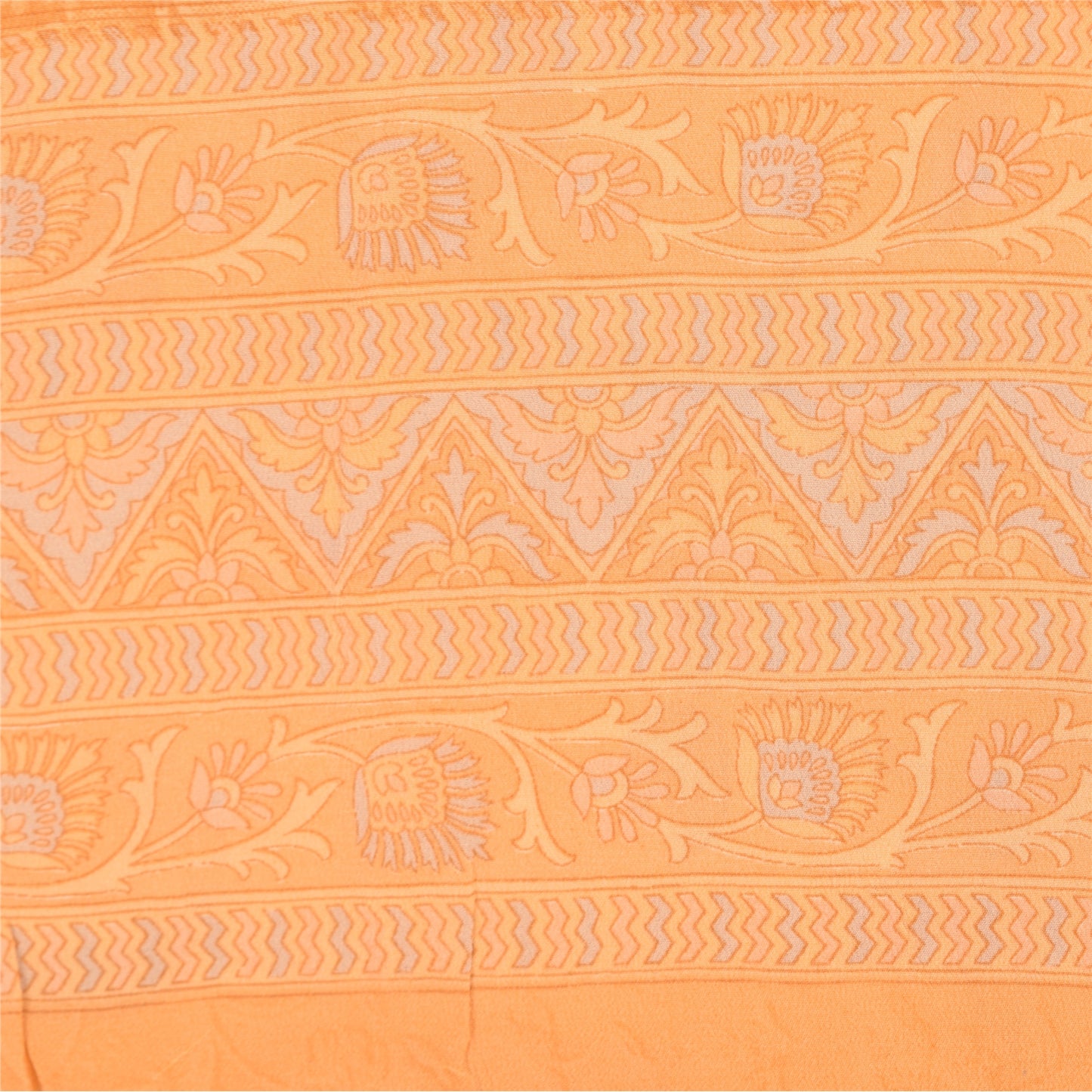 Sanskriti Vintage Sarees Ivory/Orange Pure Crepe Printed Sari 6+yd Craft Fabric