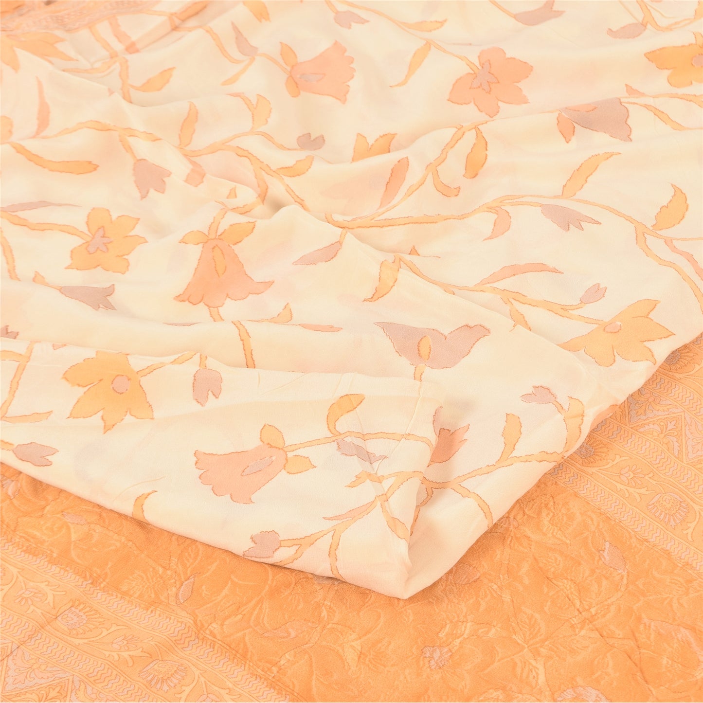 Sanskriti Vintage Sarees Ivory/Orange Pure Crepe Printed Sari 6+yd Craft Fabric