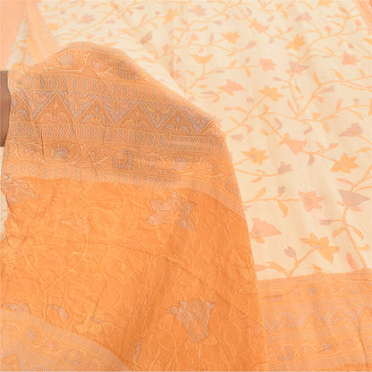 Sanskriti Vintage Sarees Ivory/Orange Pure Crepe Printed Sari 6+yd Craft Fabric