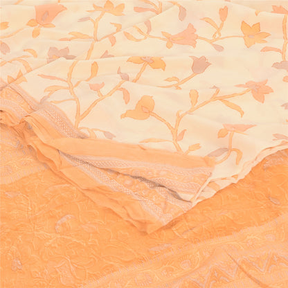 Sanskriti Vintage Sarees Ivory/Orange Pure Crepe Printed Sari 6+yd Craft Fabric