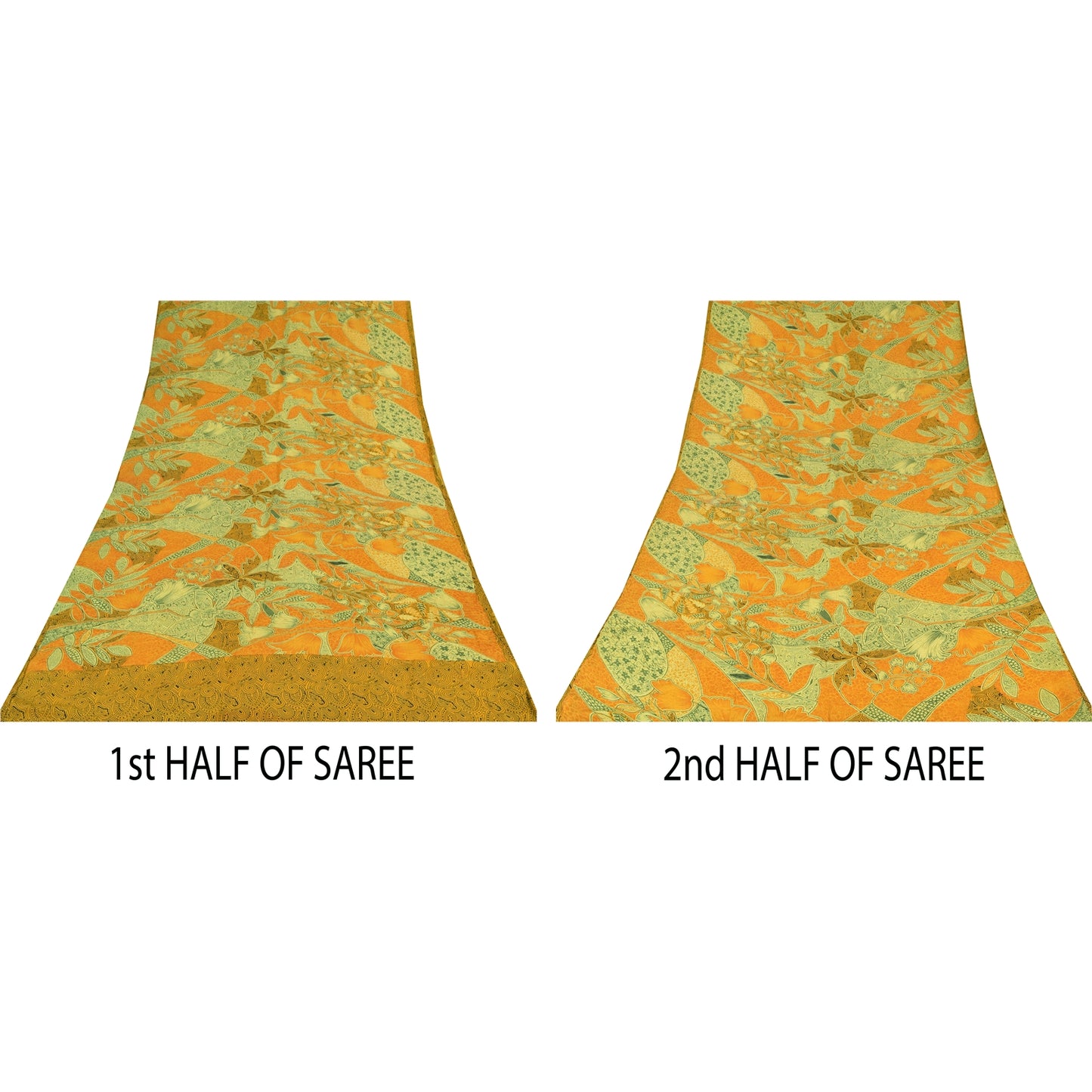 Sanskriti Vintage Sarees Saffron/Green Pure Crepe Printed Sari 5+yd Craft Fabric