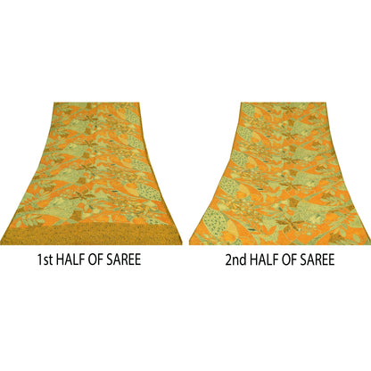 Sanskriti Vintage Sarees Saffron/Green Pure Crepe Printed Sari 5+yd Craft Fabric