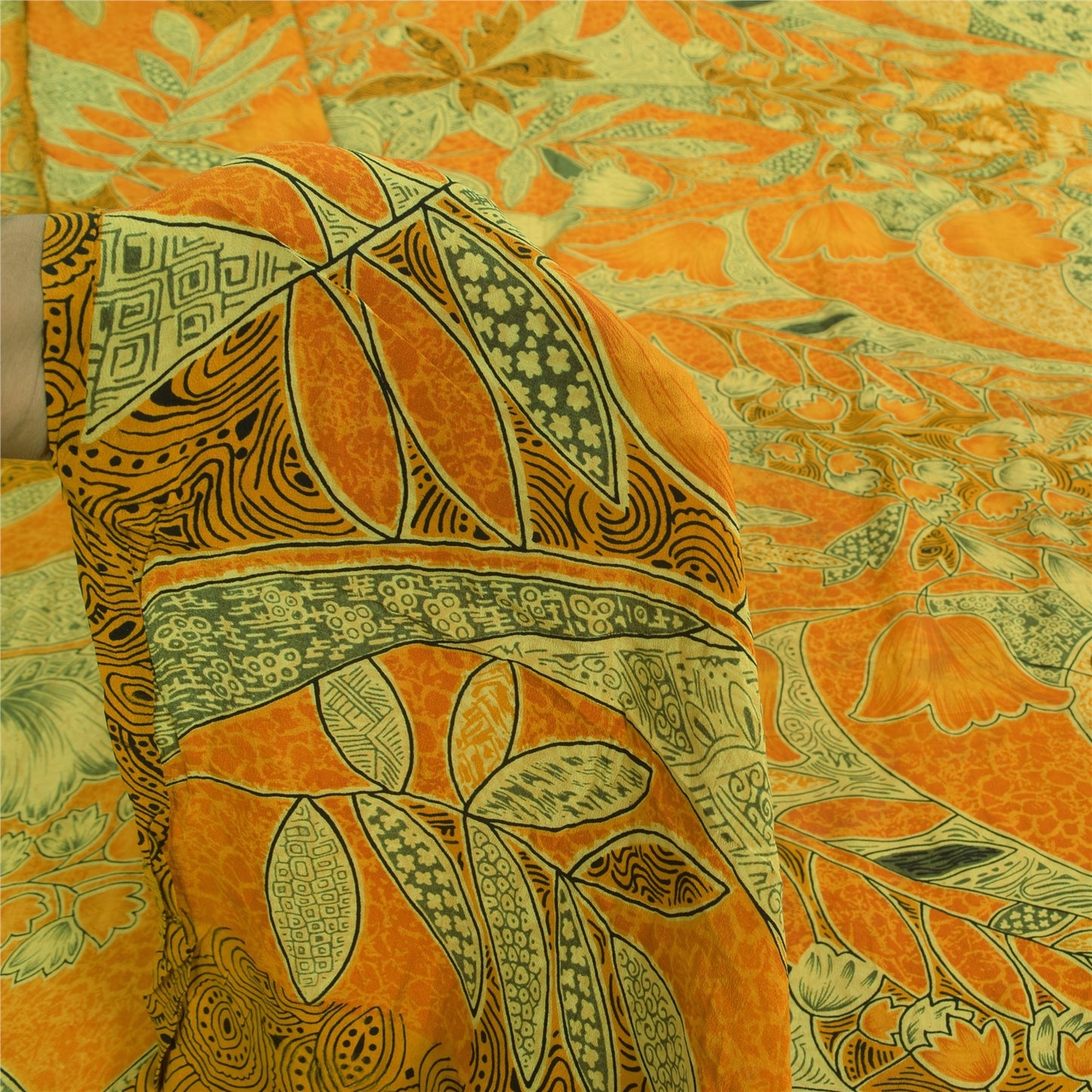 Sanskriti Vintage Sarees Saffron/Green Pure Crepe Printed Sari 5+yd Craft Fabric