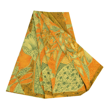 Sanskriti Vintage Sarees Saffron/Green Pure Crepe Printed Sari 5+yd Craft Fabric