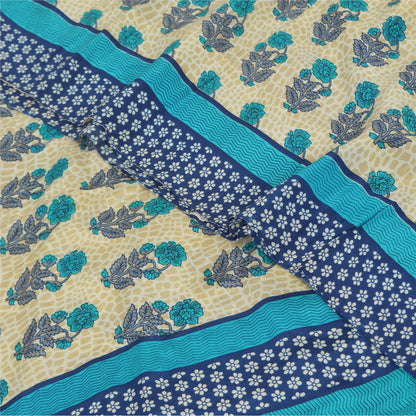 Sanskriti Vintage Sarees Ivory/Blue Pure Crepe Silk Print Sari 5+yd Craft Fabric