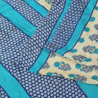 Sanskriti Vintage Sarees Ivory/Blue Pure Crepe Silk Print Sari 5+yd Craft Fabric