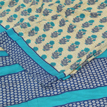 Sanskriti Vintage Sarees Ivory/Blue Pure Crepe Silk Print Sari 5+yd Craft Fabric