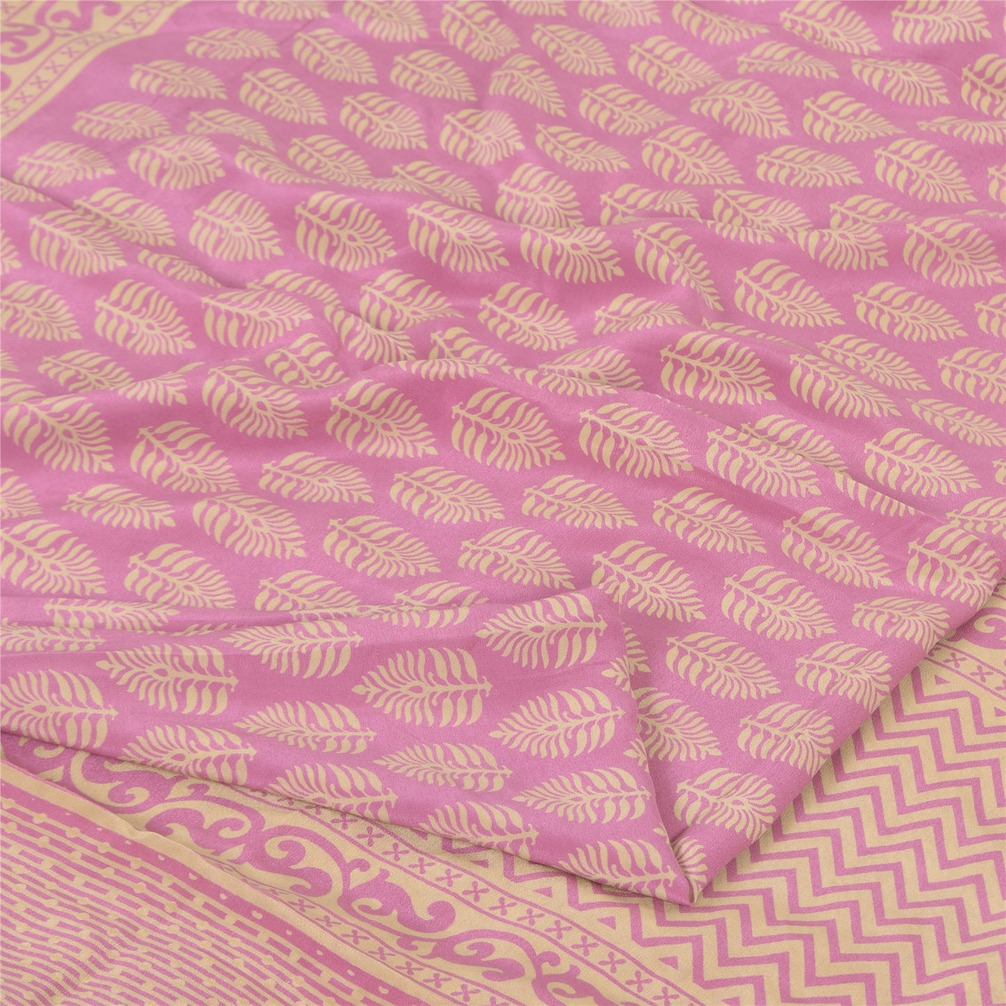 Sanskriti Vintage Sarees Pink Pure Crepe Block Printed Sari 6+yd Craft Fabric