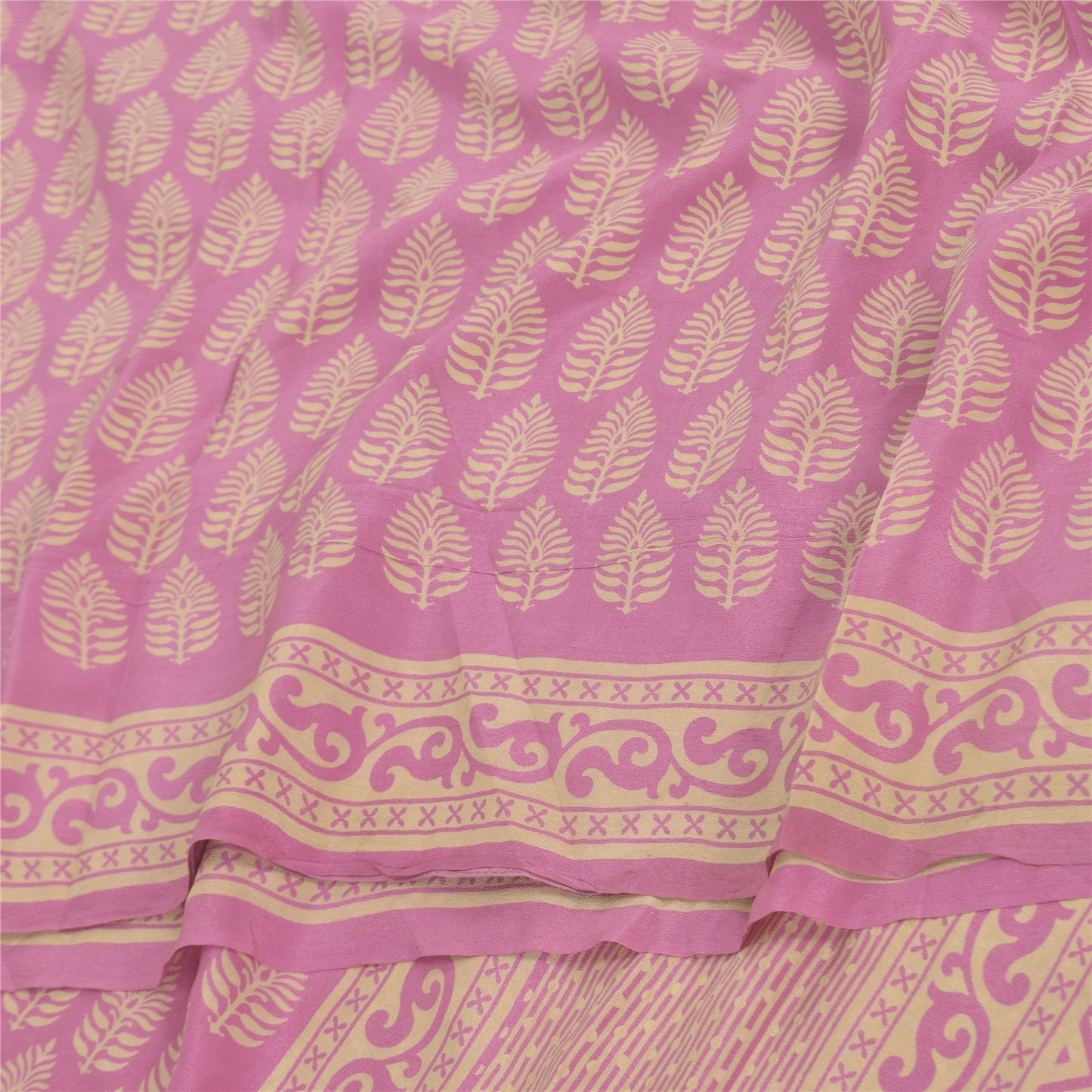 Sanskriti Vintage Sarees Pink Pure Crepe Block Printed Sari 6+yd Craft Fabric