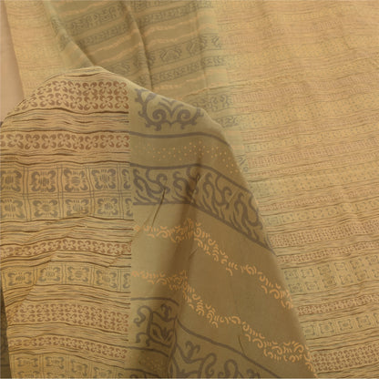 Sanskriti Vintage Sarees Peach/Cream Pure Crepe Printed Sari 5+yd Craft Fabric