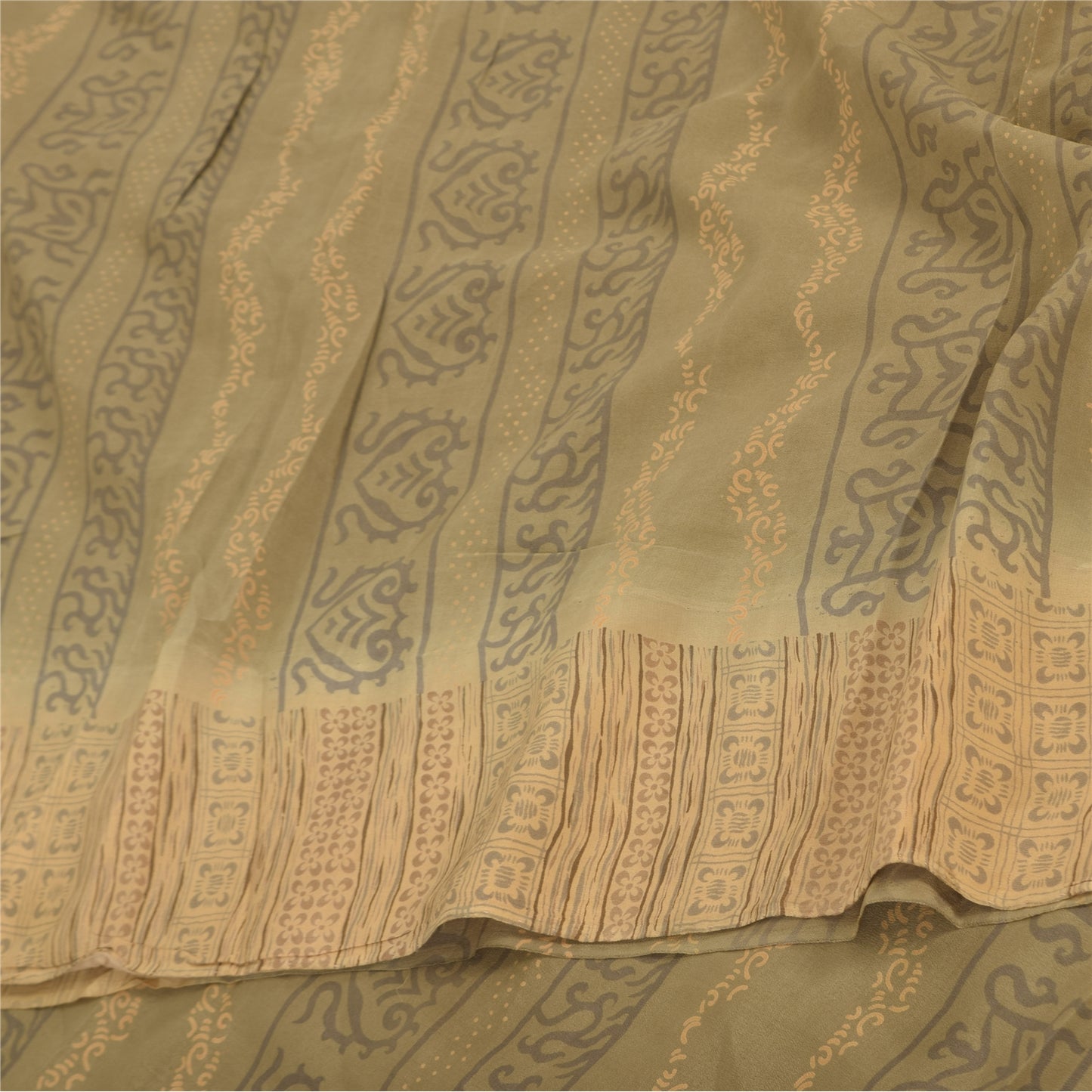 Sanskriti Vintage Sarees Peach/Cream Pure Crepe Printed Sari 5+yd Craft Fabric