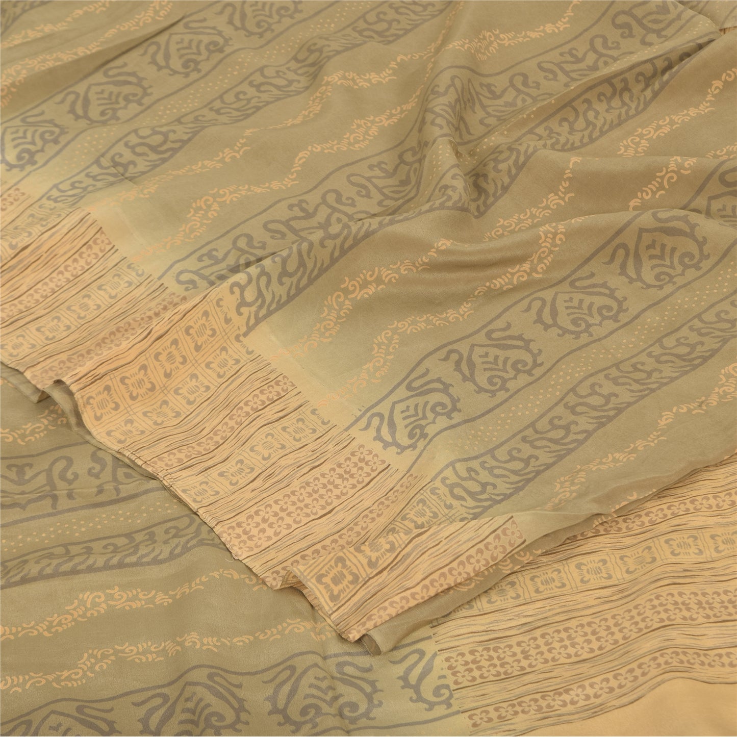 Sanskriti Vintage Sarees Peach/Cream Pure Crepe Printed Sari 5+yd Craft Fabric