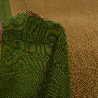 Sanskriti Vintage Sarees Brown/Green Pure Crepe Printed Sari 5+yd Craft Fabric