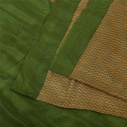 Sanskriti Vintage Sarees Brown/Green Pure Crepe Printed Sari 5+yd Craft Fabric