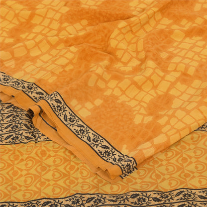 Sanskriti Vintage Sarees Yellow Pure Crepe Silk Printed Sari 5+yd Craft Fabric