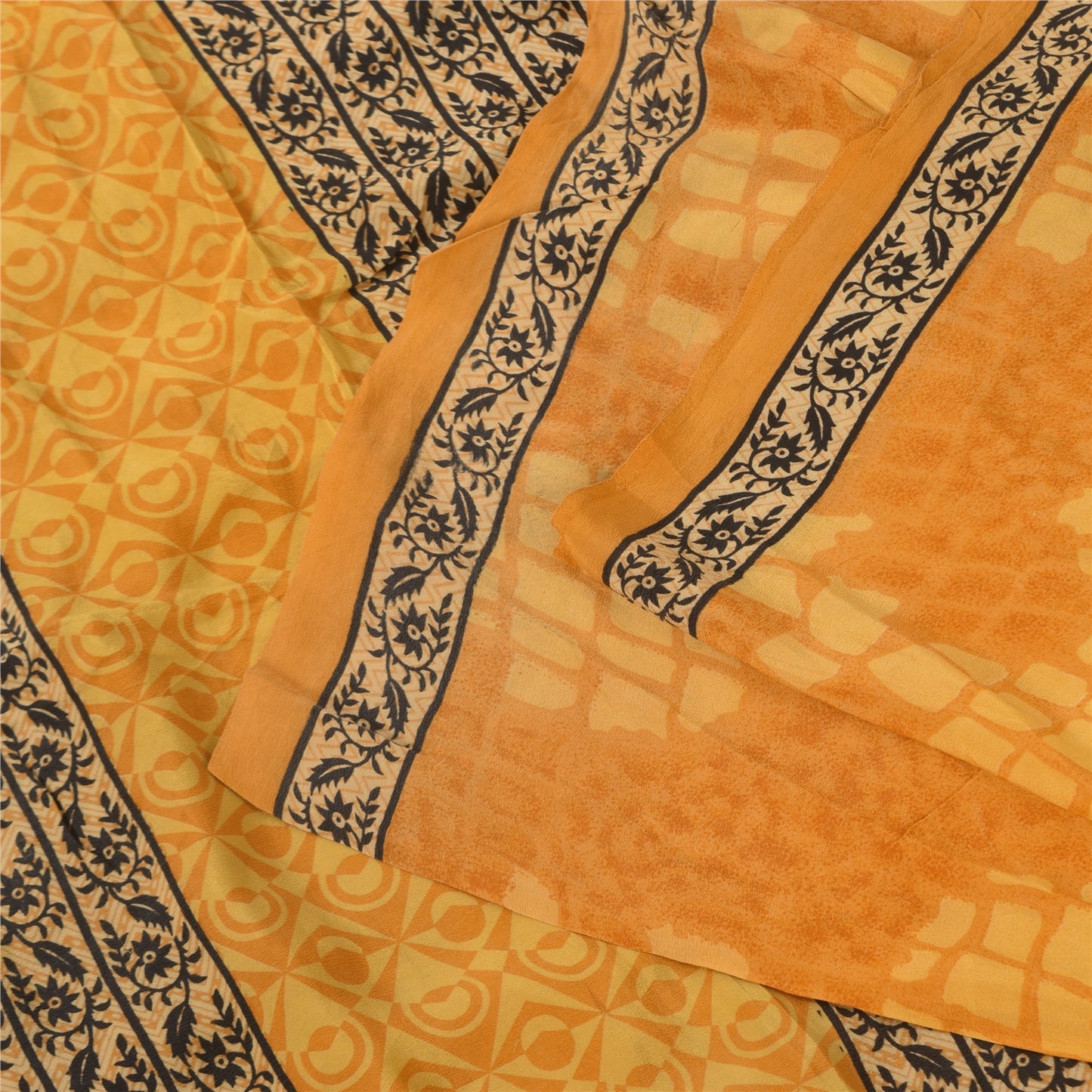 Sanskriti Vintage Sarees Yellow Pure Crepe Silk Printed Sari 5+yd Craft Fabric